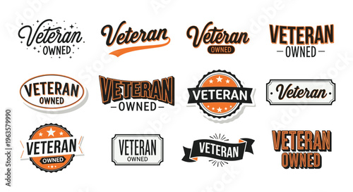 An assortment of veteran owned business logos are displayed showcasing different styles and badge designs in orange and black high quality professional detailed