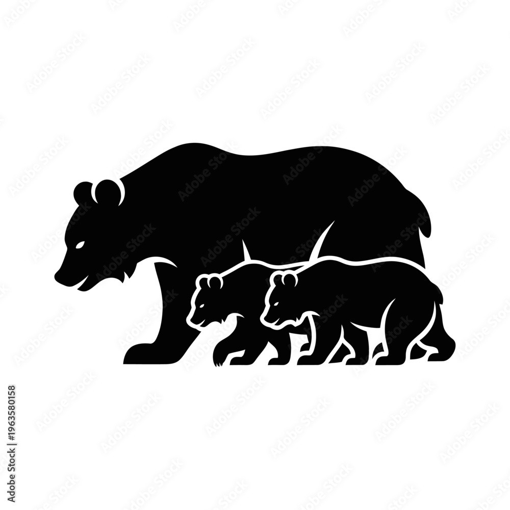 Fototapeta premium Mother Bear with Two Cubs Walking Silhouette Wildlife Forest Illustration