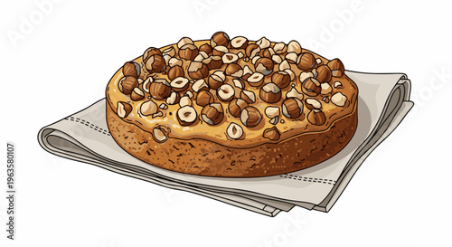 Round hazelnut cake on a folded cloth