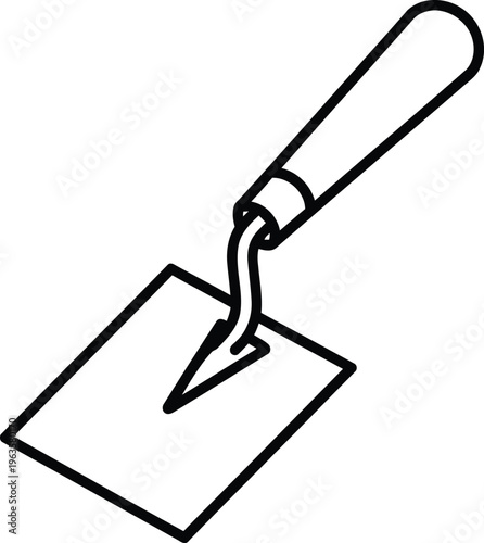 A simple black and white line art illustration of a masonry trowel used for construction work. Vector