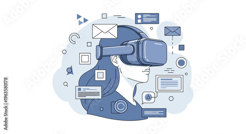 A stylized illustration depicts a person wearing a virtual reality headset surrounded by digital icons and geometric shapes representing the metaverse high quality