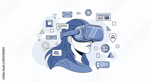A woman profiles while experiencing immersive virtual reality through a sleek modern vr headset with digital icons surrounding high quality professional detailed elegant