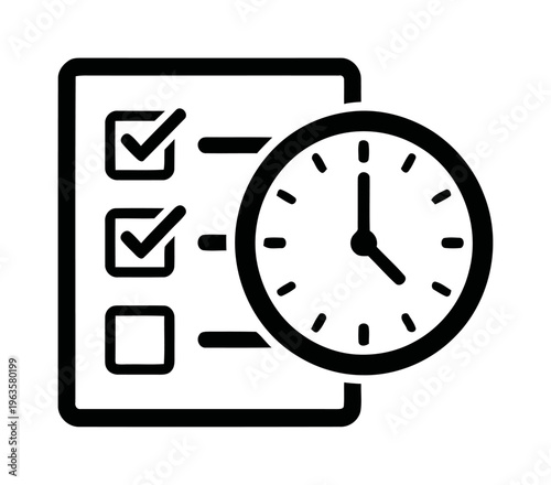 Checklist and clock icon represents task management and productivity | Black minimalist vector symbol for deadline tracking and project planning