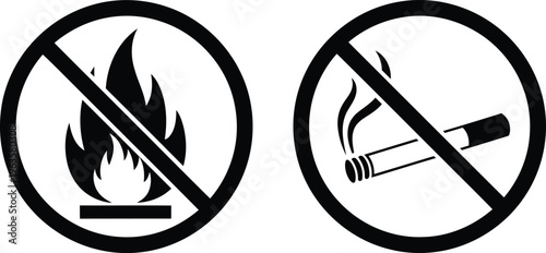 A standard safety sign depicting a no fire and a no smoking symbol isolated on a white background Vector