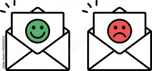 Envelopes with happy and sad face icons and radiating lines on white background mail letter
