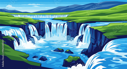 Pixel art scene of a multi-tiered waterfall cascading into a blue river