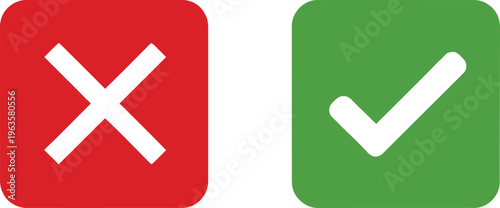 A red square icon with a white cross and a green square icon with a white tick checkmark symbol Vector