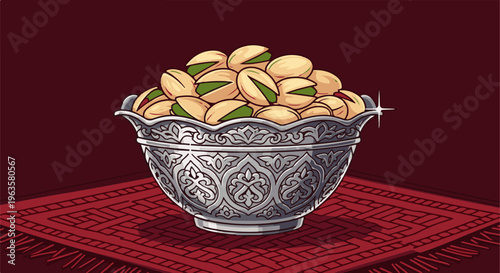 Pixel art of a silver ornate bowl overflowing with pistachios on a red rug