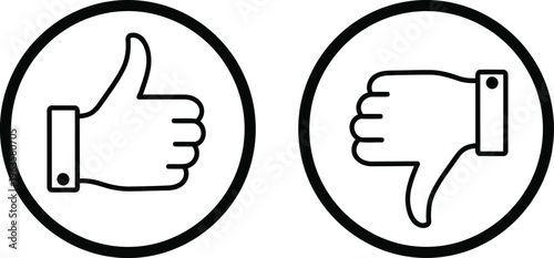 Black and white line art illustration showing a thumbs up and a thumbs down inside two circles Vector