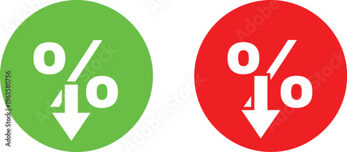 Two circular icons featuring a percentage sign and a downward arrow in green and red color schemes. Vector