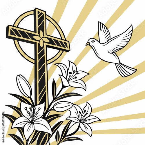 Religious Christian cross with white lilies and flying dove, elegant spiritual vector illustration, gold sunburst background for Easter or funeral
