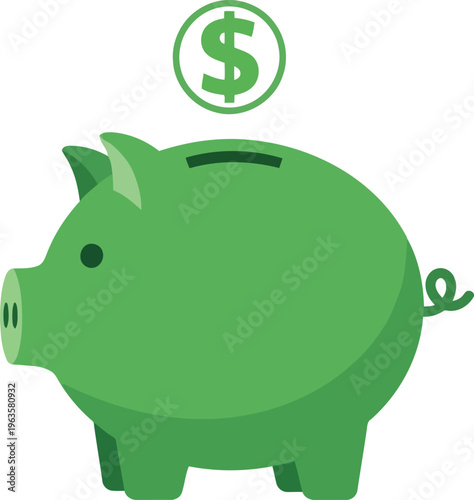 A simple green piggy bank illustration with a dollar sign icon hovering above it for savings. Vector