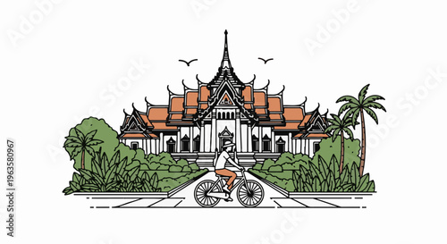 Person rides bicycle past traditional building with ornate roofs