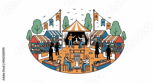 Outdoor market with diverse vendors and artisans showcasing crafts and goods
