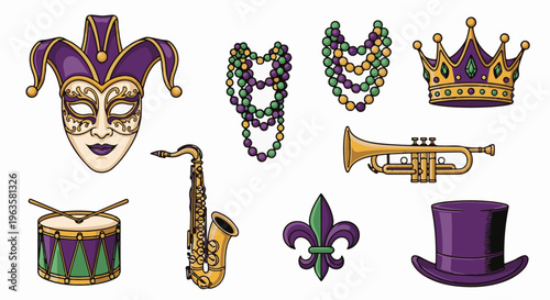Mardi Gras elements mask, crown, beads, trumpet, drum, saxophone, lily, hat