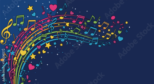 Colorful musical notes and hearts flow across a dark blue starry background