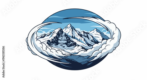 Snowy mountain peaks emerge from swirling clouds in an oval frame