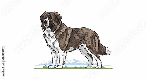 Large fluffy brown and white canine stands on grassy terrain with mountains