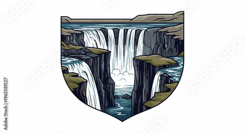 Stylized crest with cascading waterfalls, rocky cliffs, and a river