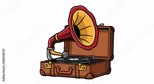 Vintage portable phonograph housed in an open leather-style suitcase