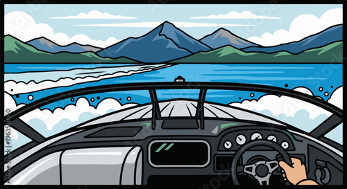 View from a speeding boat cockpit towards mountains and a lake