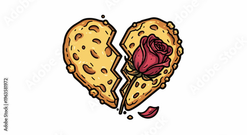 A broken heart-shaped cracker with a rose