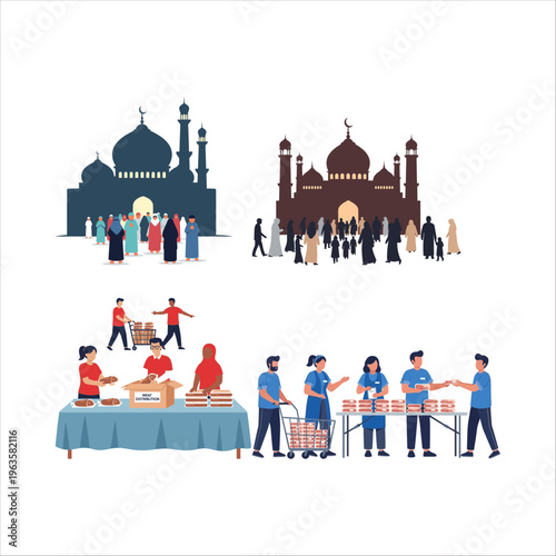 Eid al-Adha community gatherings, mosque prayers, and humanitarian charity aid distributions