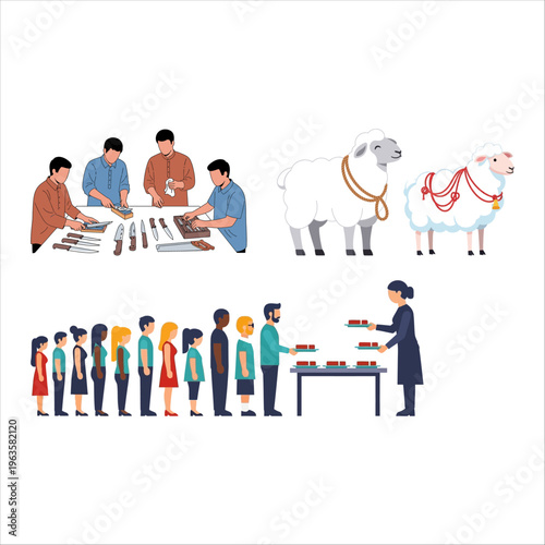 Joyful Eid al-Adha Illustrating Sacrifice Rituals, Meat Distribution, and Community Spirit