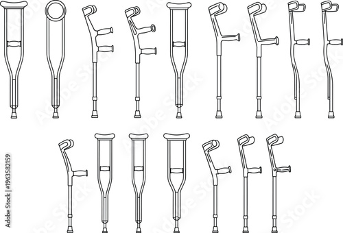 Black and white vector illustrations of crutches, including underarm and forearm designs, ergonomic mobility aids for walking assistance, healthcare, rehabilitation, and medical projects