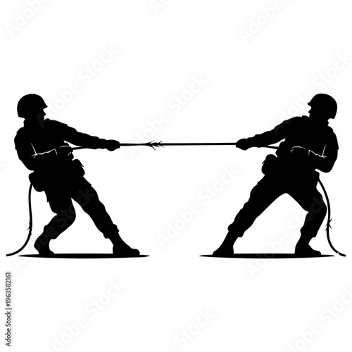 Soldiers in tug of war with rope, conflict and competition concept