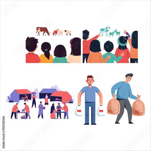 Eid al-Adha celebration with animal sacrifice, communal gathering, and meat sharing scenes