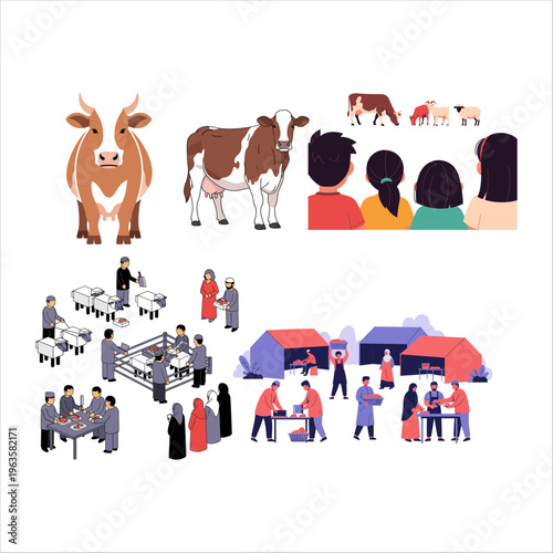 Vibrant illustrations depicting the spiritual essence and community sharing traditions of Eid al-Adha