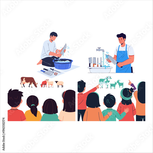 Eid al-Adha preparations depicting knife sharpening, sacrificial animals, and children learning about the holy tradition