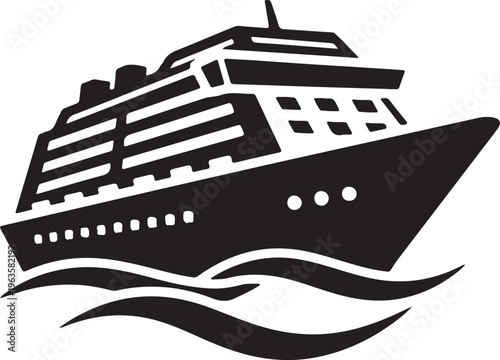 Black silhouette of a large cruise ship sailing on wavy water, representing vacation and travel, a classic maritime vector graphic
