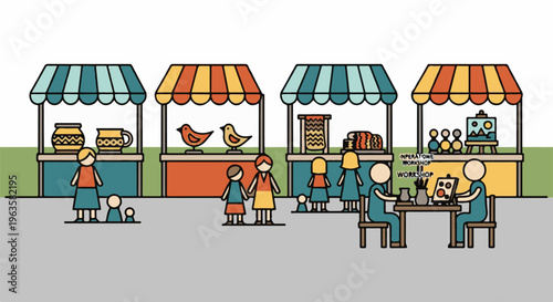 Diverse stalls showcase pottery, crafts, and an art workshop with visitors