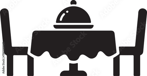 Elegant restaurant dining table setting with cloche and chairs, formal dining room atmosphere, modern iconography, represents dining, events, and hospitality, black and white, restaurant icon