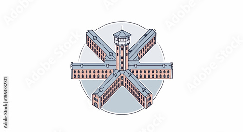A circular, radial prison design with a central tower and radiating wings