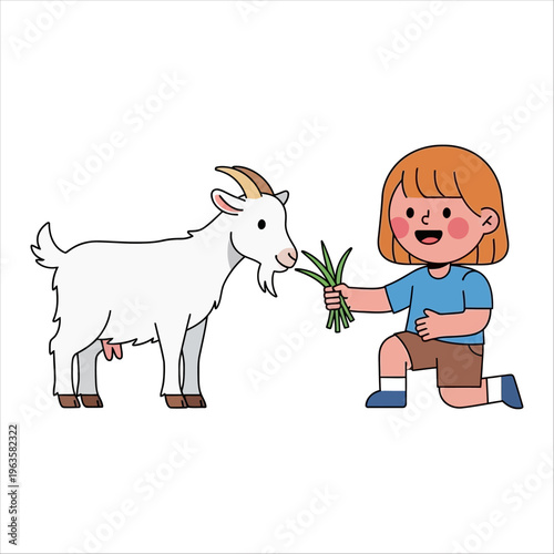 Joyful child feeding a friendly goat, a heartwarming scene symbolizing sacrifice for Eid al-Adha