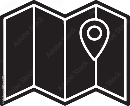 Folded map icon with location pin, navigation and travel planning, destination finder, simple graphic symbol, symbolizes navigation, travel, and finding places, black and white