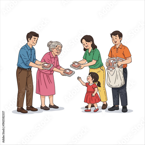 Joyful Family Celebration Sharing Blessings and Meat during Eid al-Adha Festivities with Generosity