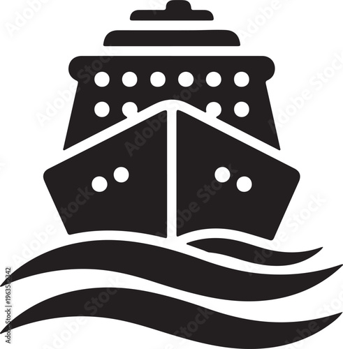 Cruise ship icon on waves, ocean liner front view, sea voyage symbol, nautical travel graphic, represents sea travel, vacations, and nautical journeys, black and white