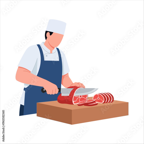 Butcher preparing meat for Eid al-Adha feast, Eid al-Adha celebration food preparation