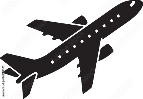 Airplane taking off icon, jet aircraft ascent, air travel symbol, aviation transportation graphic, represents air travel, flights, and aviation, black and white