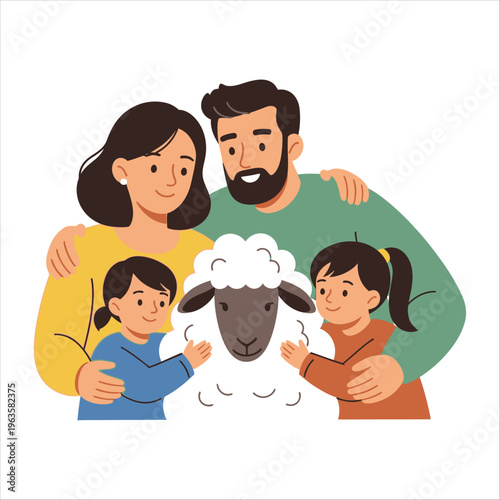 Happy Eid al-Adha family celebrating with a sheep, a symbol of sacrifice
