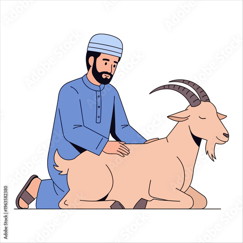 Caring Muslim man with a goat, embodying compassion for the sacred Eid al-Adha festival