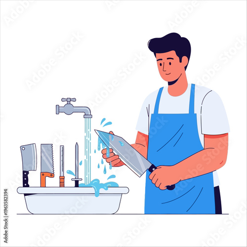 Preparing for Eid al-Adha Man meticulously cleans various knives for festive meals