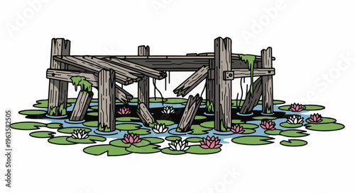 Dilapidated wooden dock surrounded by serene lily pads and blooming water lilies