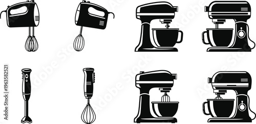 Black and white vector illustrations of kitchen mixers and blenders, handheld, stand, and immersion styles with bowls, whisks, and attachments for cooking and baking projects
