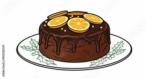 A festive chocolate cake with orange slices and holly decoration on a plate