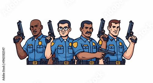 Four cartoon police officers in blue uniforms, holding handguns